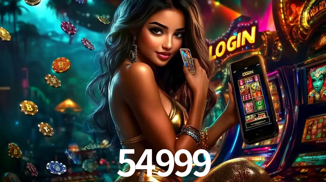 Mulher em um cenário de cassino temático de aventura, mostrando o app de caça-níqueis da 54999 no celular. Fichas de apostas flutuam ao redor.