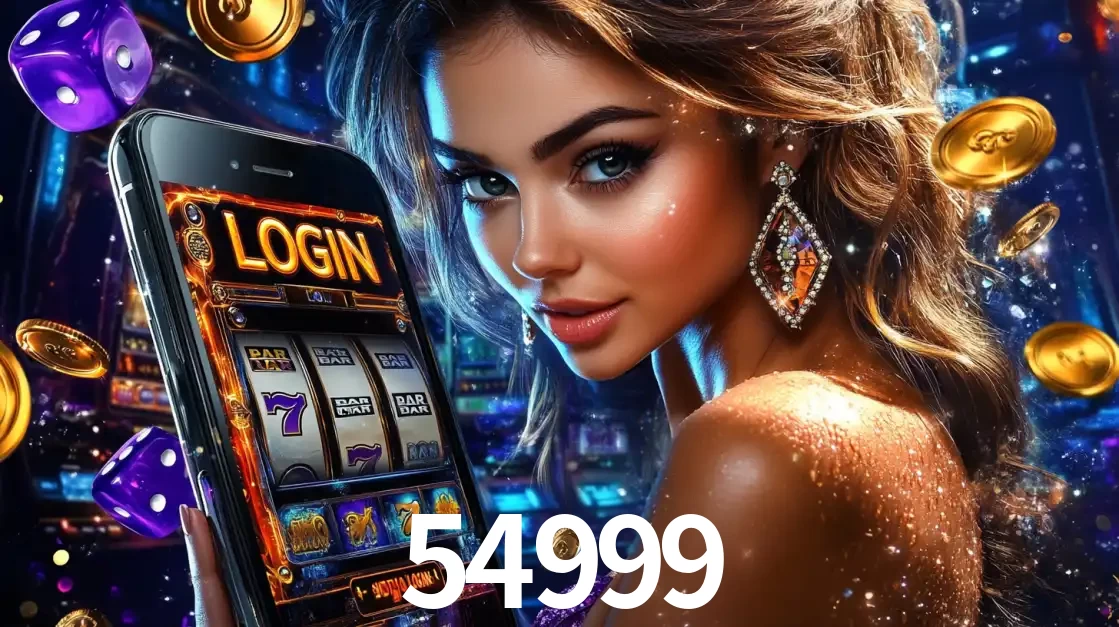 Mulher glamorosa segurando um smartphone com a tela de login para os jogos de caça-níqueis do cassino online 54999, com moedas de ouro e dados ao redor.