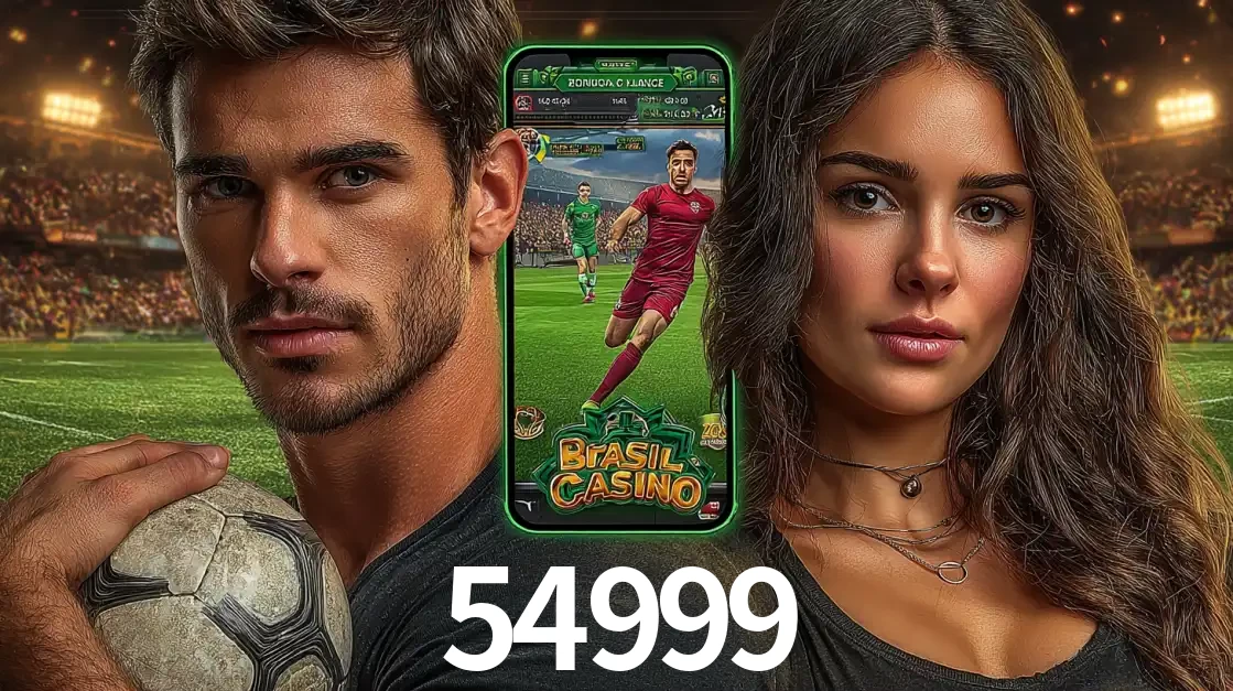 Homem segurando uma bola de futebol e uma mulher ao lado de um smartphone exibindo o jogo de apostas esportivas da 54999. Faça seu palpite no cassino online.